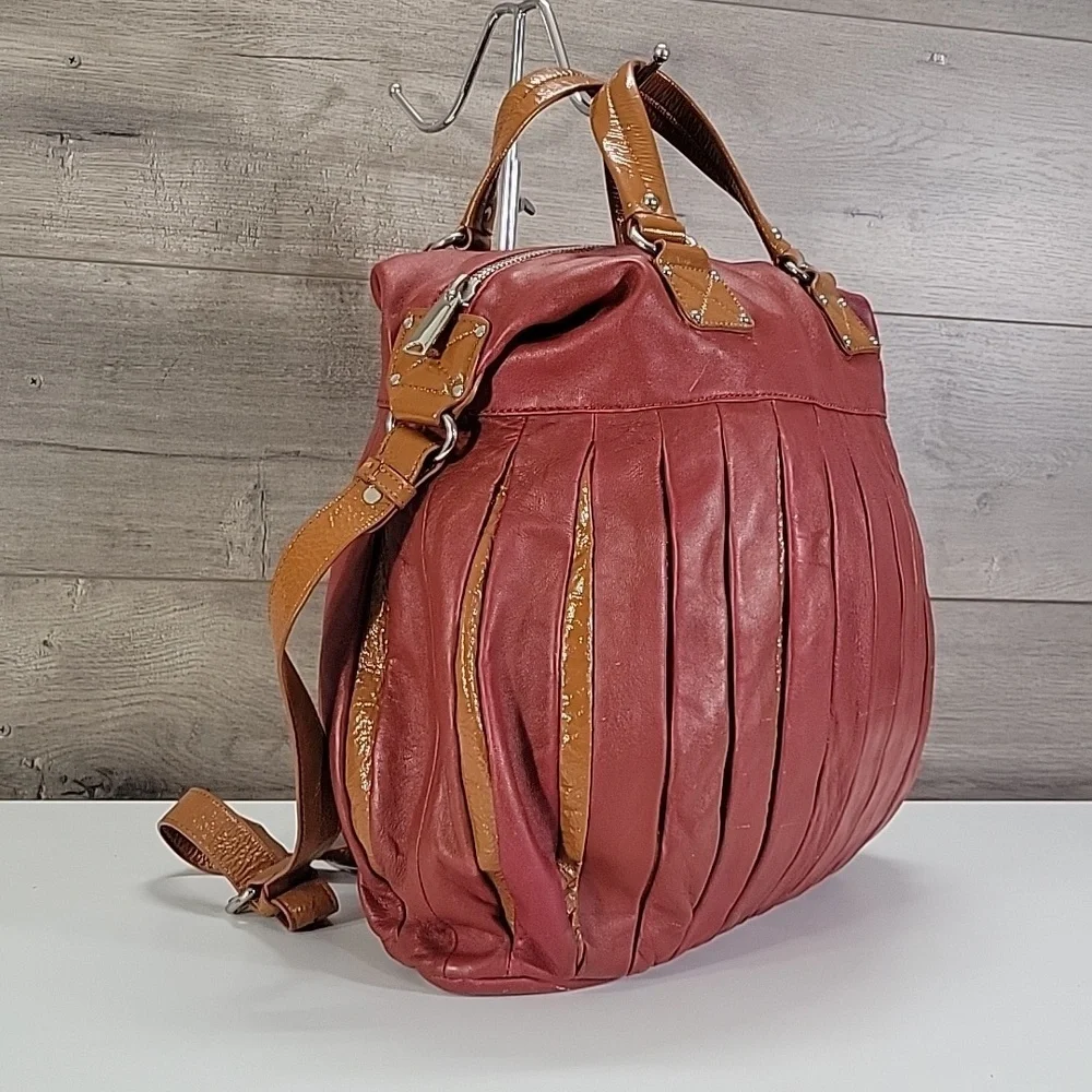 Large Cynthia Rowley Red/Tan Pleated Leather Tote Bag